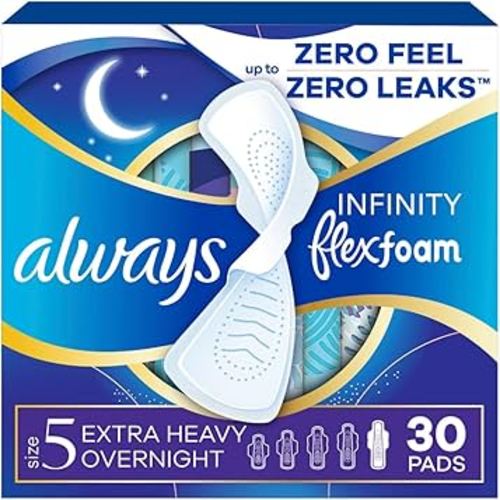 Always Infinity Feminine Pads for Women, Flexfoam Pads with Wings, Size 5, Extra Heavy Overnight Absorbency, Unscented, 30 Count