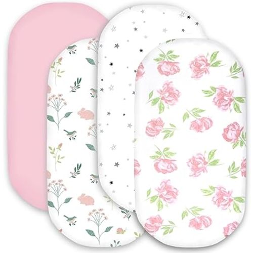 Bimocosy Bassinet Sheet, 4 Pack Bassinet Sheets for Baby Boys Girls, Soft Baby Bassinet Fitted Sheets Neutral for Bassinet Mattress, Size 32 x 16 x 4 Inches, Rose/Rabbits/Stars/Pink