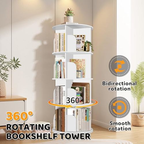 4 Tier Rotating Bookshelf Tower, Spinning Bookshelf, Revolving 360° Bookcase Storage Round Carousel, Vertical Rotate Turning Spiral Corner Organizer Lazy Susan, White