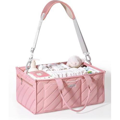 Extra Large Diaper Caddy Organizer – Big Nursery Storage Basket with Zipper Pocket, Shoulder Strap & Stroller Hooks, Water-Resistant Travel Tote for Twins, Gift for Baby Shower, Blush Pink