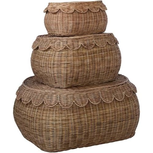 Large Scalloped Basket Set Of 3 - Hand Woven scallop basket - 22 x 16 x 10 In - scalloped Wicker Basket - scalloped edge basket - scalloped storage basket (Mocca)