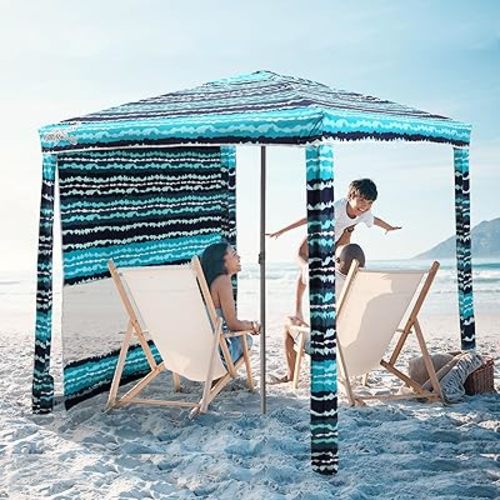 Beach Cabana, 6.2'×6.2' Beach Canopy with Side Wall, UPF 50+ UV Protection Easy Setup Tent Sun Shelter with Sand Pockets for Whole Family (Green Stripes)