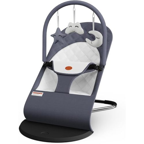 Portable Baby Bouncer Seat for Infants, 0-18 Months, 3 Modes of Use with Rocker & Stationary Options, Ergonomic Infant Chair with Hanging Toys, Baby Shower Gifts – Grey