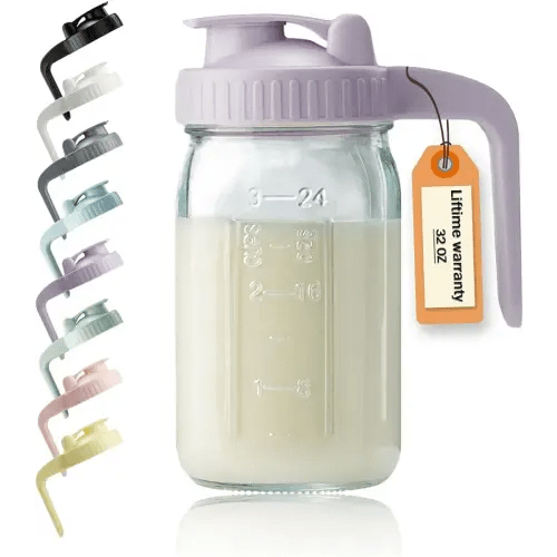 32oz Glass Pitcher with Lid & V-shaped Pour Spout - 1 Quart Breastmilk Pitcher Double Leak Proof, Creamer Container for Sun Tea, Juice, Cold Brew Coffee, Breastmilk Storage Container