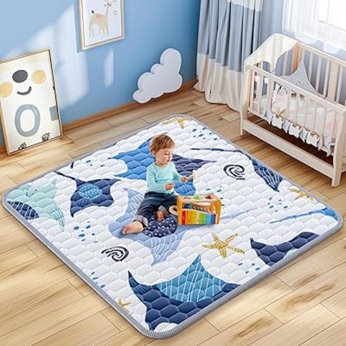 Baby Play Mat 47x47inch - Thick & Soft Baby Cushioned for Playpen - Crawling Mats for Babies Toddlers & Infant with Non-Slip Silicon Dot - Foldable Machine Washable Playmats for Floor