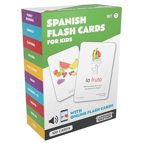 Spanish Flash Cards for Kids: 100 First Spanish Words with Online Audio - Learn Colors, Shapes, Numbers 1-10, Animals and More Beginner, Everyday Words - 100 Cards
