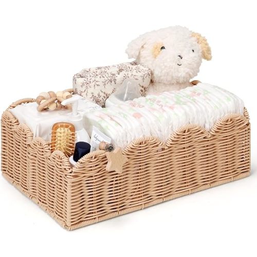 Wicker Diaper Caddy Organizer, Nursery Storage Basket for Diapers and Baby Wipes, Baby Essentials Organizer for Changing Table, Splinter Free Rattan Style (Natural, L)