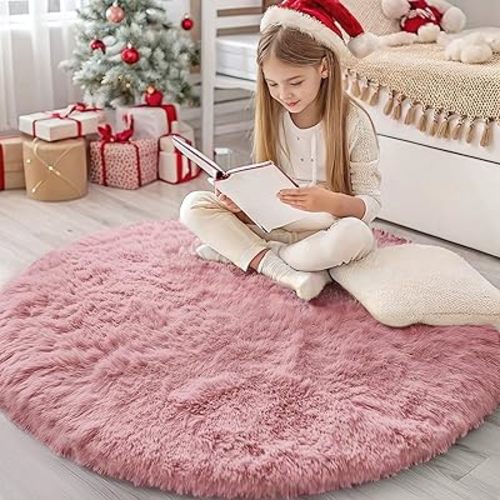 OLANLY Pale Pink Round Rugs for Bedroom - Machine Washable, 4x4 Feet Circle Area Rugs for Living Room, Soft and Fluffy Shaggy Carpet for Teen Girls and Boys, Dorms, Nursery Rooms, Home Decor Aesthetic