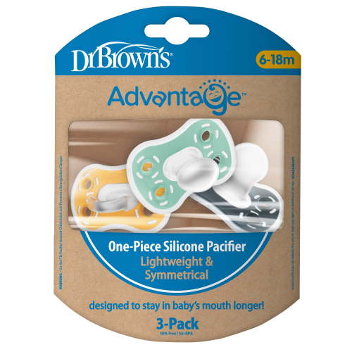 Dr. Brown's Advantage One-Piece Silicone Baby Pacifier, Fully Symmetrical, Gray/Green/Yellow, 6-18M, 3 Pack