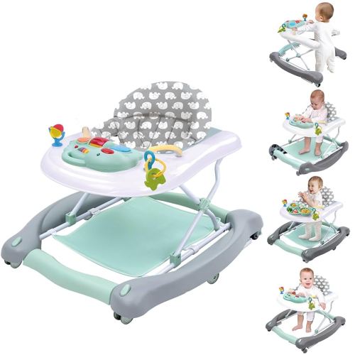 5 in 1 Foldable Baby Walker, Activity Baby Walker-Baby Bouncer, Rocker, Activity Center,Seat and Push Walker,Detachable Trampoline Mat, Adjustable Speed Rear Wheels and Height,Ages 6-18 Months(Mint)