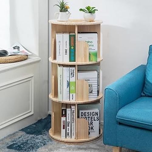 Heehee Wooden Rotating Bookshelf 360 Display Floor Standing Bookcase Storage Rack for Kids&Adults Multi-Functional Bookshelf Organizer (3-Tier)