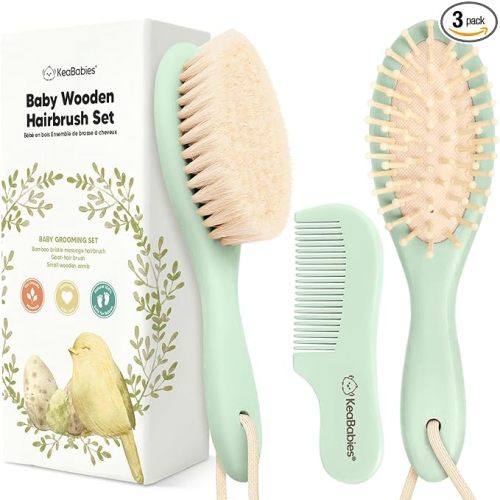 Baby Hair Brush Set for Newborns - Soft Goat Bristle Wooden Baby Brush and Comb Set Newborn Grooming Kit for Cradle Cap, Durable & Gentle, Boy, Girl Infant Essentials Care Kit (Regular, Sage)