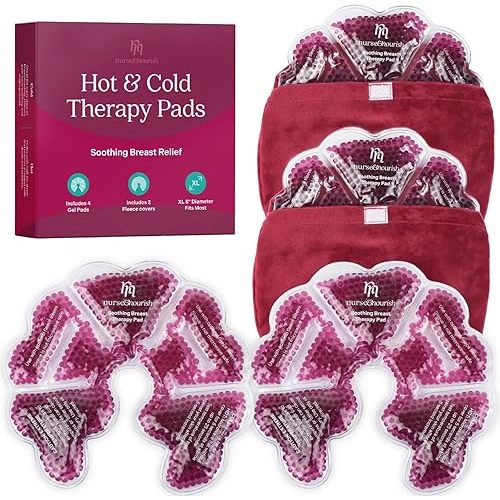 Nurse & Nourish [6 Piece] XL 8 Hot Cold Nursing Pads- 4 Breast Gel Pads & 2 Fleece Sleeves - Mastitis Relief Breast Therapy Pack - Breast Engorgement, Clogged Milk Duct Relief -Breastmilk Letdown Aid