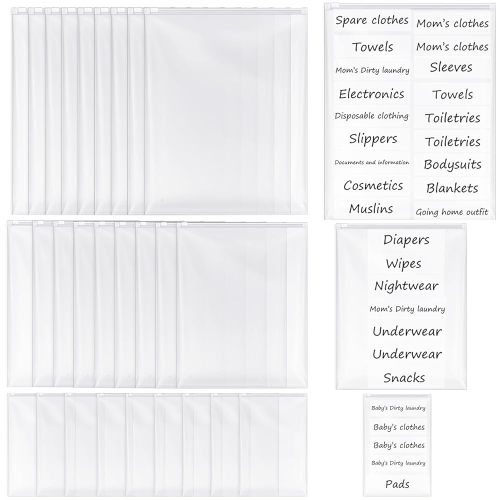 Honoson 30 Pcs Hospital Bags for Labor and Delivery with Stickers Resealable Hospital Essentials Organizing Pouches Frosted Zipper Plastic Mommy Maternity Bag for Newborn First Time Baby Shower