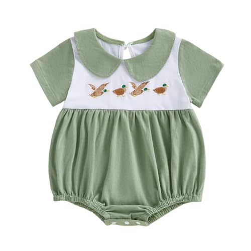 Santikisler Newborn Baby Boy Hunting Outfit Mallard Duck Short Sleeve Collared Romper One Piece Smocked Bubble Bodysuit