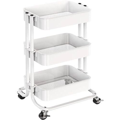 Pipishell 3 Tier Metal Rolling Utility Cart, Heavy-Duty Storage Rolling Cart with 2 Lockable Wheels, Multifunctional Mesh Organization Utility Cart for Kitchen Dining Room Living Room (White)