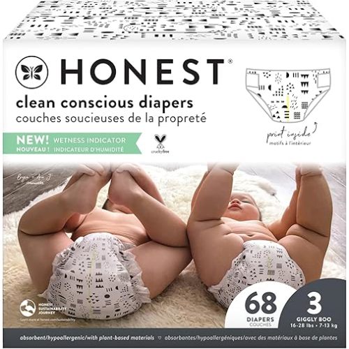 The Honest Company Clean Conscious Diapers | Plant-Based, Sustainable | Pattern Play | Club Box, Size 3 (16-28 lbs), 68 Count