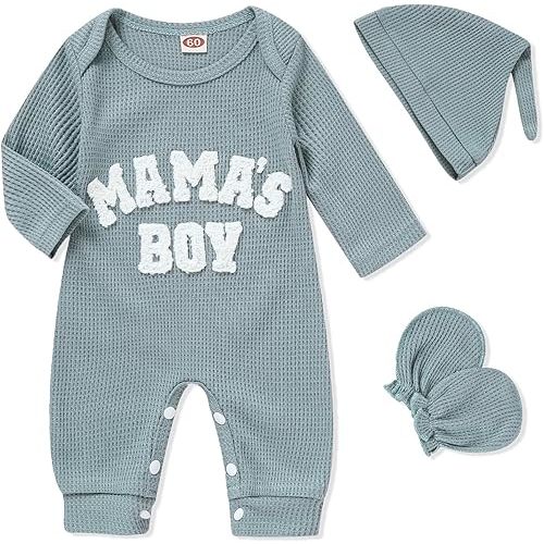 GRNSHTS Newborn Baby Boy Romper Coming Home Outfits Letter Print Bodysuit Jumpsuit+Hat+Gloves 3PCS Clothes Set