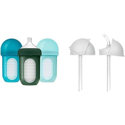 Boon Nursh Reusable Silicone Baby Bottles with Conversion Straw Sippy Cup Lids - Stage 2 Medium Flow Nipples - Blue - 8 Oz - 3 Count