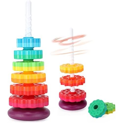 Baby Spinning Stacking Toys, 1-3 Rainbow Ring Stacker Montessori Toys for Babies, Sensory Toys for Toddlers, Christmas and Birthday Gifts Suitable for Boys and Girls (16 inches)