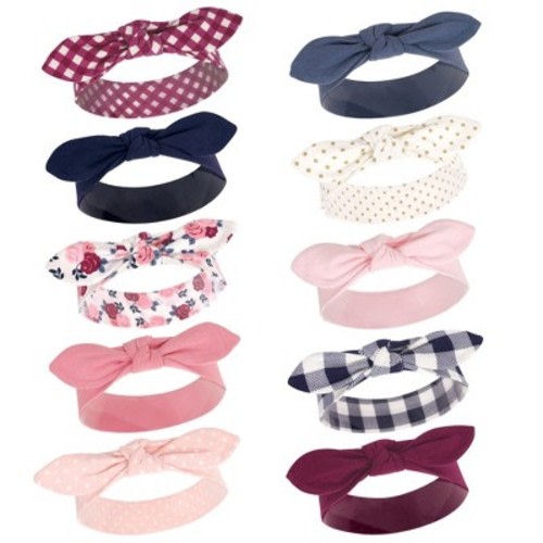 Hudson Baby Infant Girls Cotton Headbands 10pk, Pink Navy Floral, 0-24 Months