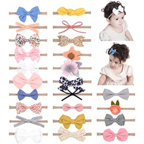 doboi 24pcs Baby Girls Flower and Hair Bows Headbands Soft Nylon Hairbands Elastic Hair Accessories for Newborns Infants Toddlers and Kids