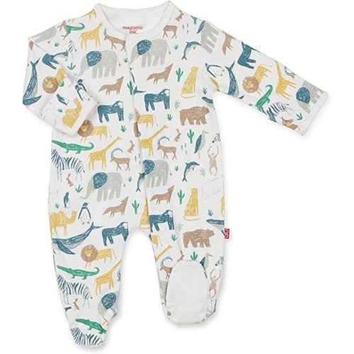 Magnetic Me Footie Pajamas - 100% Organic Cotton Baby Pajamas - Quick Magnetic Fastener Sleeper for Baby Boy and Girl - Serengeti - 9-12 Months