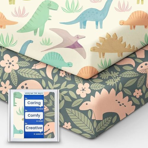 Dinosaur Crib Sheets for Boys, Premium Soft Crib Mattress Fitted Sheet, Ultra Breathable Baby Sheets, Super Stretchy Baby Bed Sheets 28x52x9 Extra Deep Pocket, 2 Pack - Chalky + Mushroom Dinosaurs