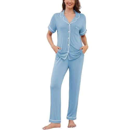 Womens Pajama Set Soft Pjs Short Sleeve Sleepwear with Long Pants 2 Piece Lounge Sets S-XXL