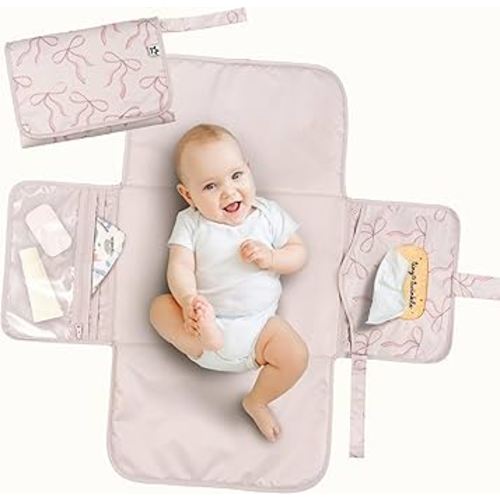 Tiny Twinkle Portable Diaper Changing Pad | Foldable, Waterproof & Compact Travel Changing Mat with Storage | Smart Wipes Pocket for On-The-Go Parents | Baby Shower Newborn Gift (Bows)