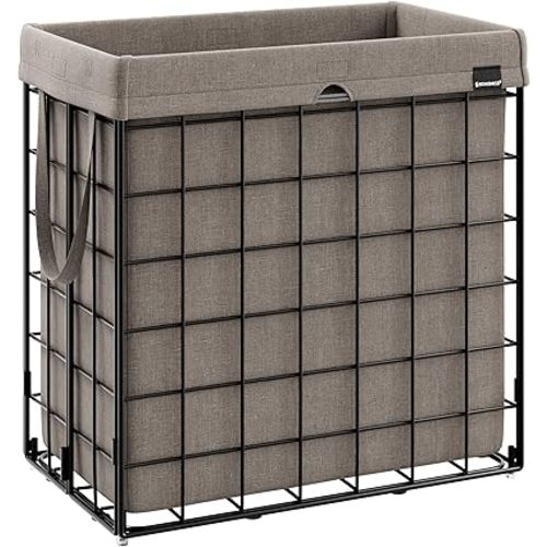 SONGMICS Laundry Hamper, 29 Gal. (110L) Laundry Basket, Collapsible Clothes Hamper, Removable and Washable Liner, Metal Wire Frame, for Bedroom Bathroom, Black and Camel Brown ULCB111N01