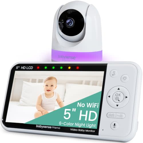 Babysense Prisma HD 5” No WiFi Video Baby Monitor with Camera and Audio, 6-Color Night Light, Split Screen Display, Baby Sound Machine with White Noise & Lullabies, Secure Hack Proof