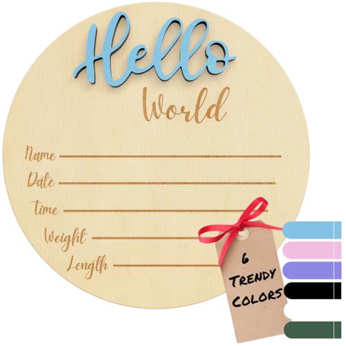Baby Announcement Sign – 6” Wooden Hello World Newborn Name Sign, Hospital Birth Stat Plaque, Gender-Neutral Welcome Baby Keepsake, Personalized Photo Prop for Boys & Girls, Newborn Gift (Blue)