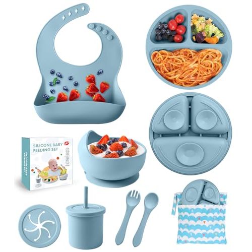 Silicone Baby Feeding Set, Baby Led Weaning Supplies Includes Suction Bowl and Divided Plate, Adjustable Bib, Soft Spoons and Forks, Cup, Travel Bag, BPA-Free, 6 month+ (Blue)