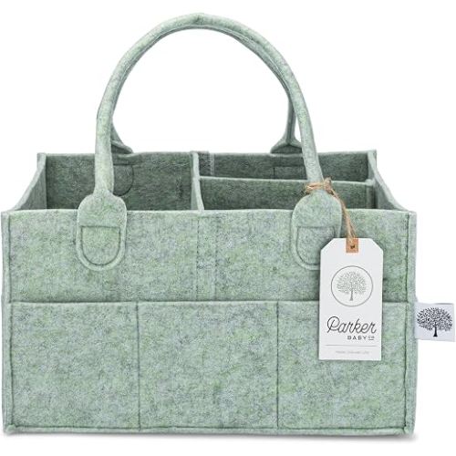 Parker Baby Co. Felt Diaper Caddy Organizer - Regular, Sage | Portable nursery storage bin for diapers, wipes, bottles & baby essentials for home/car. Soft felt, foldable design 13x9x7"