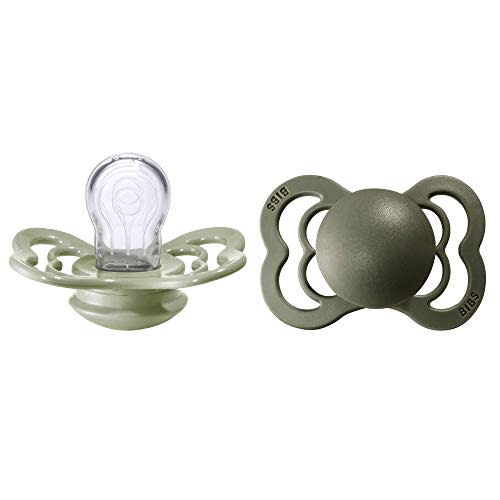 BIBS Supreme Baby Pacifier 2-Pack | Made in Denmark | BPA Free Dummy Soother, Symmetrical Nipple. Silicone, Size 1 (0-6 Months), Sage/Hunter Green