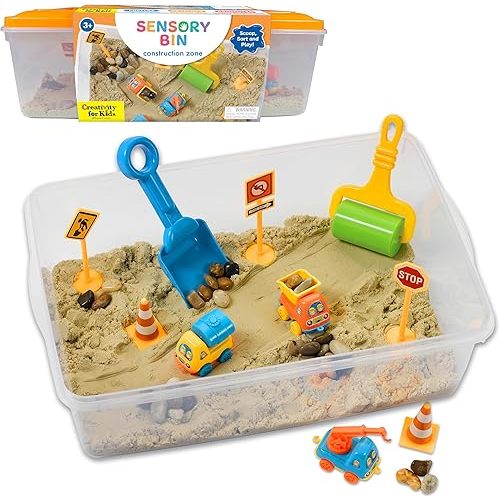 Creativity for Kids Sensory Bin: Construction Zone Playset - Preschool Learning Activities, Excavator Toys for Boys Ages 3-5+, Outdoor Toys and Gifts for Kids
