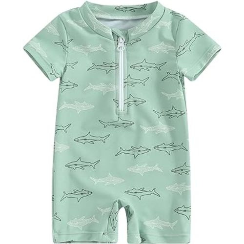 Toddler Baby Boy One Piece Swimsuit Shark Zipper Short Sleeve Rash Guard Infant Swimwear Bathing Suit