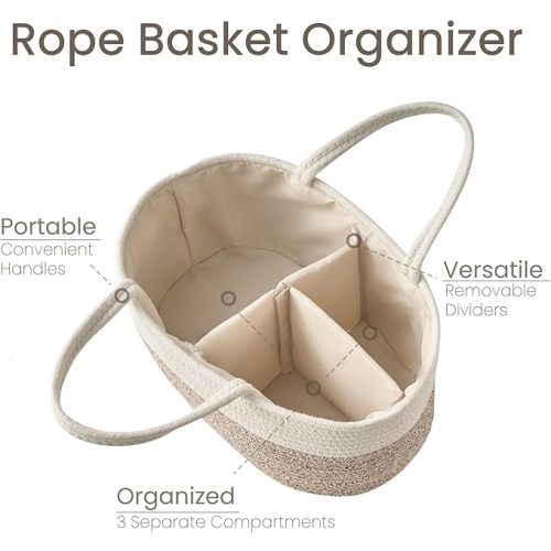 Large Diaper Caddy Organizer, Baby Storage Basket, Nursery Bin and Car Organizer for Diapers, Gift Basket for Baby Shower List or Newborn Essentials, Boys and Girls - White and Beige Brown