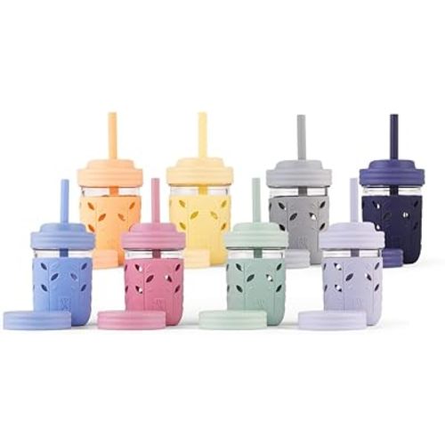 Elk and Friends Kids & Toddler Cups | The Original Glass Mason jars 8 oz with Silicone Sleeves & Silicone Straws with Stoppers | Smoothie Cups | Spill Proof Sippy Cups for Toddlers