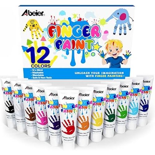 ABEIER Washable Finger Paint for Toddlers, Safe Non-Toxic, 12 Vibrant Colors (1.21fl oz), Baby Safe Paint for Hand and Feet, Mess Free Art Supplies for Kids, Preschool Learning Gifts, Ages 1-3 4 5 6+