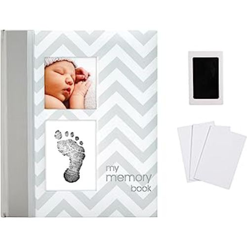 Pearhead First 5 Years Chevron Baby Memory Book, Clean-Touch Baby Safe Ink Pad for Baby’s Handprint or Baby’s Footprint, Gender Neutral Baby Milestone And Pregnancy Book, Gray