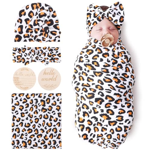 DRESHOW BQUBO Baby Girl Newborn Receiving Blanket with Bow Hat Headband Wooden Birth Announcement Card Set Baby Leopard Nursery Swaddle Wrap