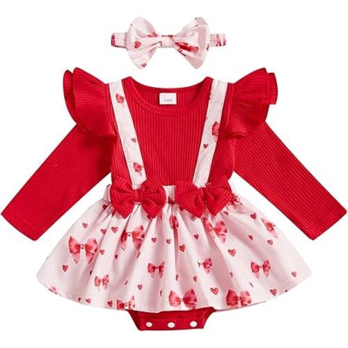 MoZiKQin Baby Girl Thanksgiving Outfit Newborn Romper Dress Ribbed Ruffle Skirt Hem Jumpsuit Cute Fall Clothes+Headband