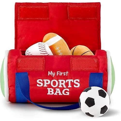 Kidaddle Baby's First Sports Bag, Plush Sensory Balls for Baby with Travel Bag, Baby & Toddler Sports Bag with Rattling Baby Football, Sqeaky Soccer Ball, Crinkle Baby Baseball Toy, and More!