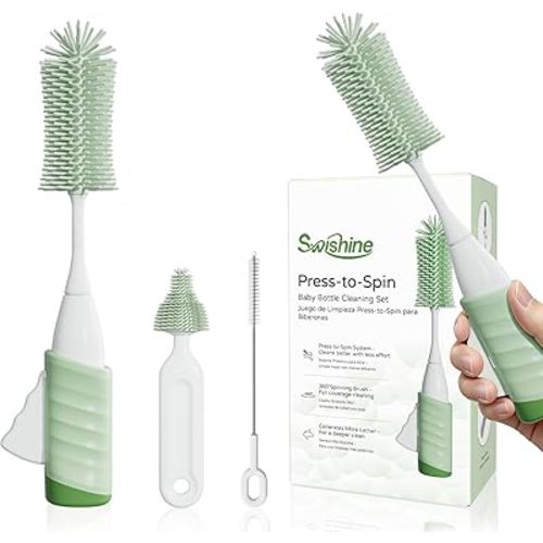 Bottle Brush Set, Innovative Efficient Press-to-Spin Brush Cleaner - Includes Silicone Baby Bottle Brush, Nipple Brush, Straw Cleaner - Spinning Generates Rich Foam for Deep Cleaning, Green