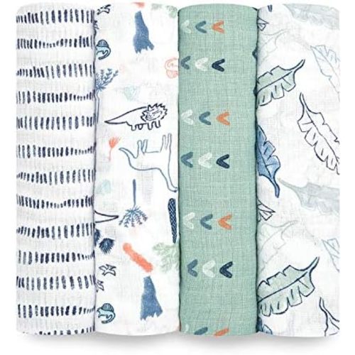 aden + anais Essentials Swaddle Blanket, Muslin Blankets for Girls & Boys, Baby Receiving Swaddles, Newborn Gifts, Infant Shower Items, Wearable Swaddling Set, 4 Pk, Dinotime
