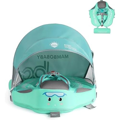 2025 New Mambobaby Baby Float with Removable UPF 50+ Sun Protection Canopy, Waterproof & Skin-Friendly Infant Swim Float for Ages 3-24 Months, Non-Inflatable Pool Float with Tail, Baby Green