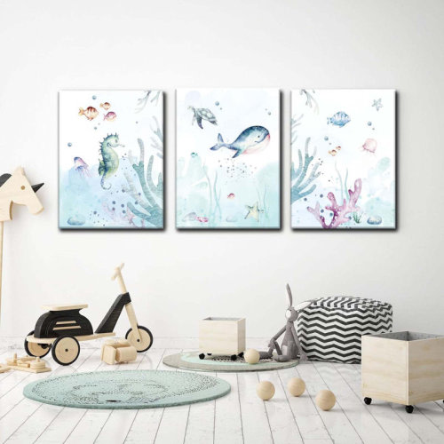 Sunside Sails Ocean Nursery Decor,Nursery Wall Decor,Kids Bathroom Decor,Under The Sea,Boys Room Sea Animal Wall Art Picture Canvas Prints Set Of 3,Bedroom 16X24in Framed | Wayfair