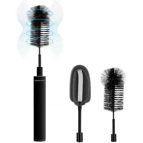 NINESTARS Electric Baby Bottle Cleaning Brush w/Sponge Brush & Bristle Head, Long-Lasting Battery Electric Bottle Cleaner for All Families, New Mom, Time Saving Household Cleaning Tool (Black Metal)